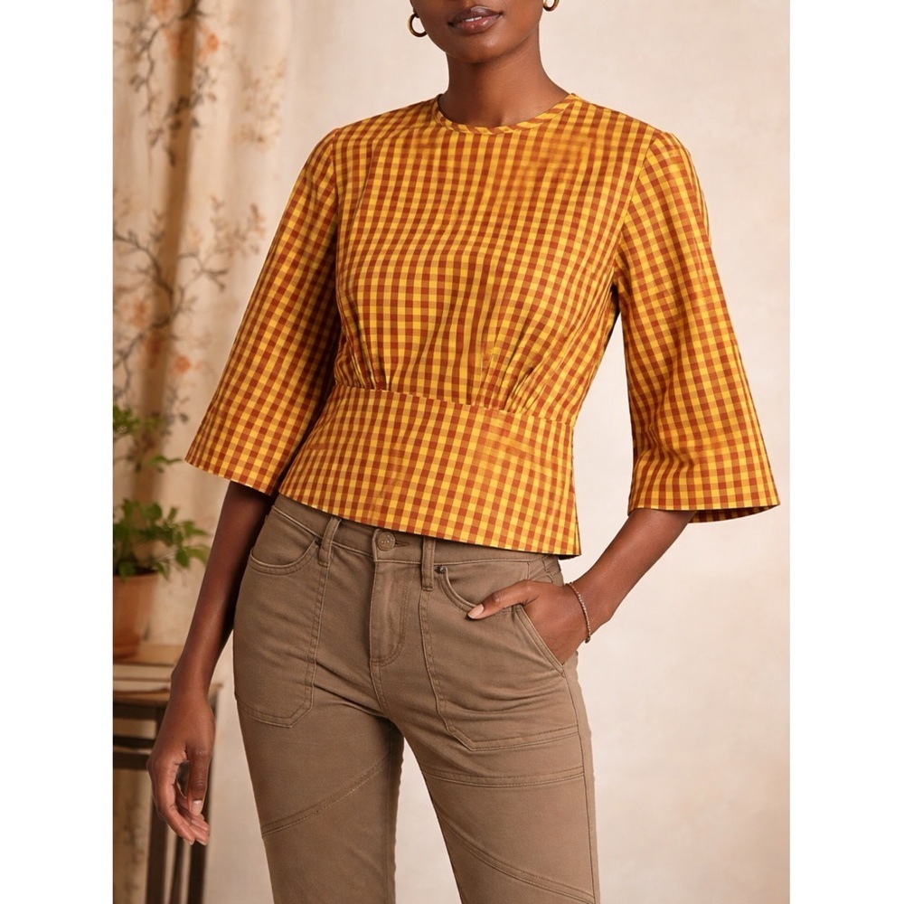 Scotch & Soda Gingham Waist-Defined Top Yellow Red Check Zip Back Cotton XS